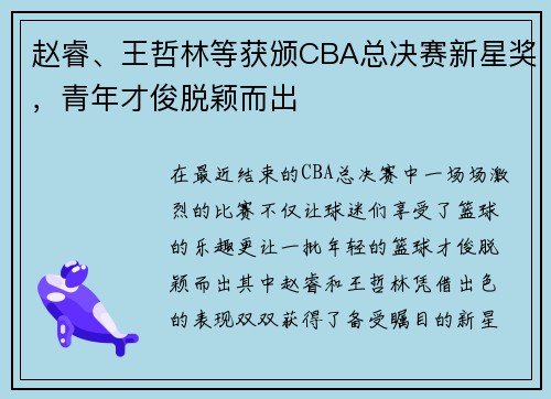 赵睿、王哲林等获颁CBA总决赛新星奖，青年才俊脱颖而出